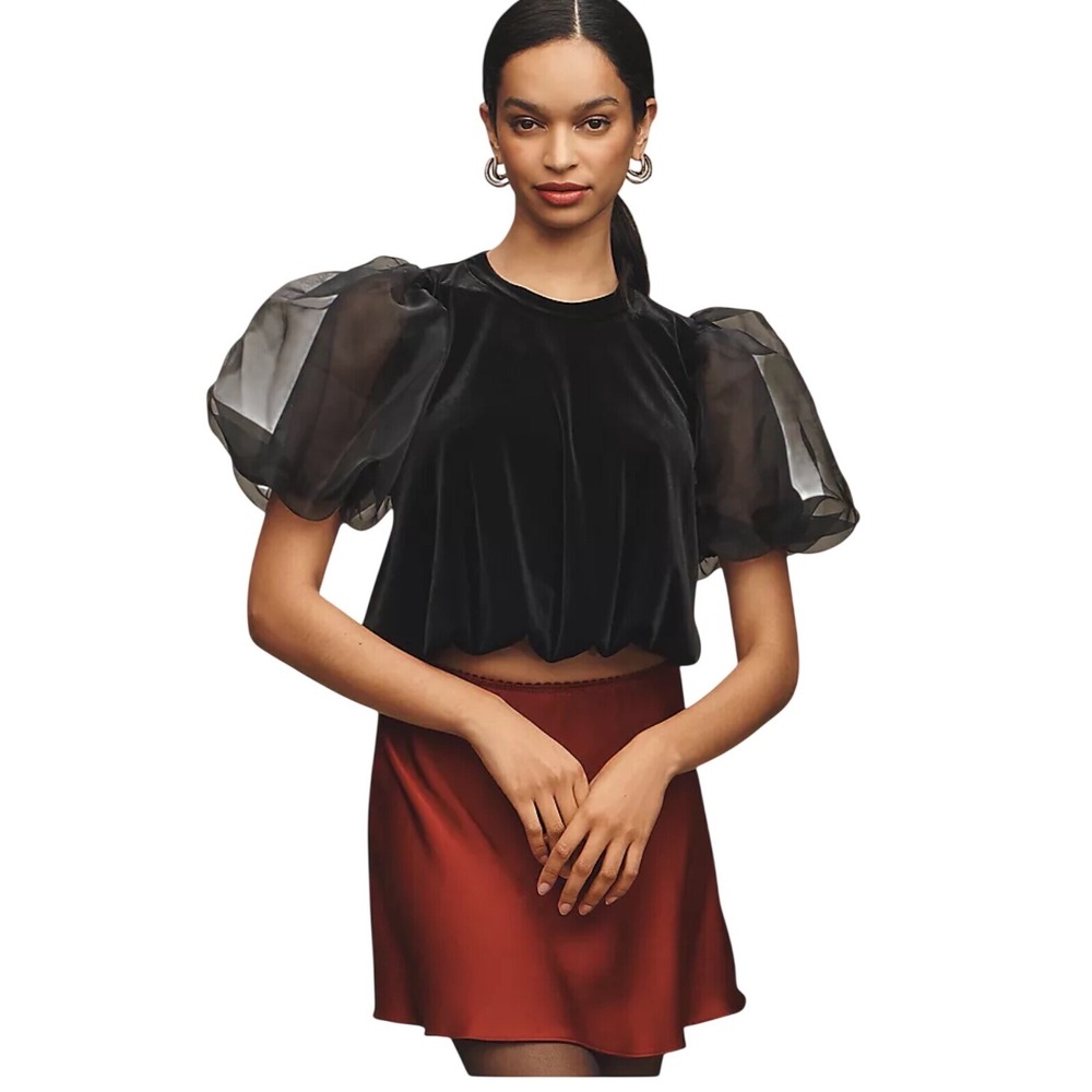 Maeve Anthropologie NWT XS Black Velvet Organza Puff Sleeve Romantic Statement